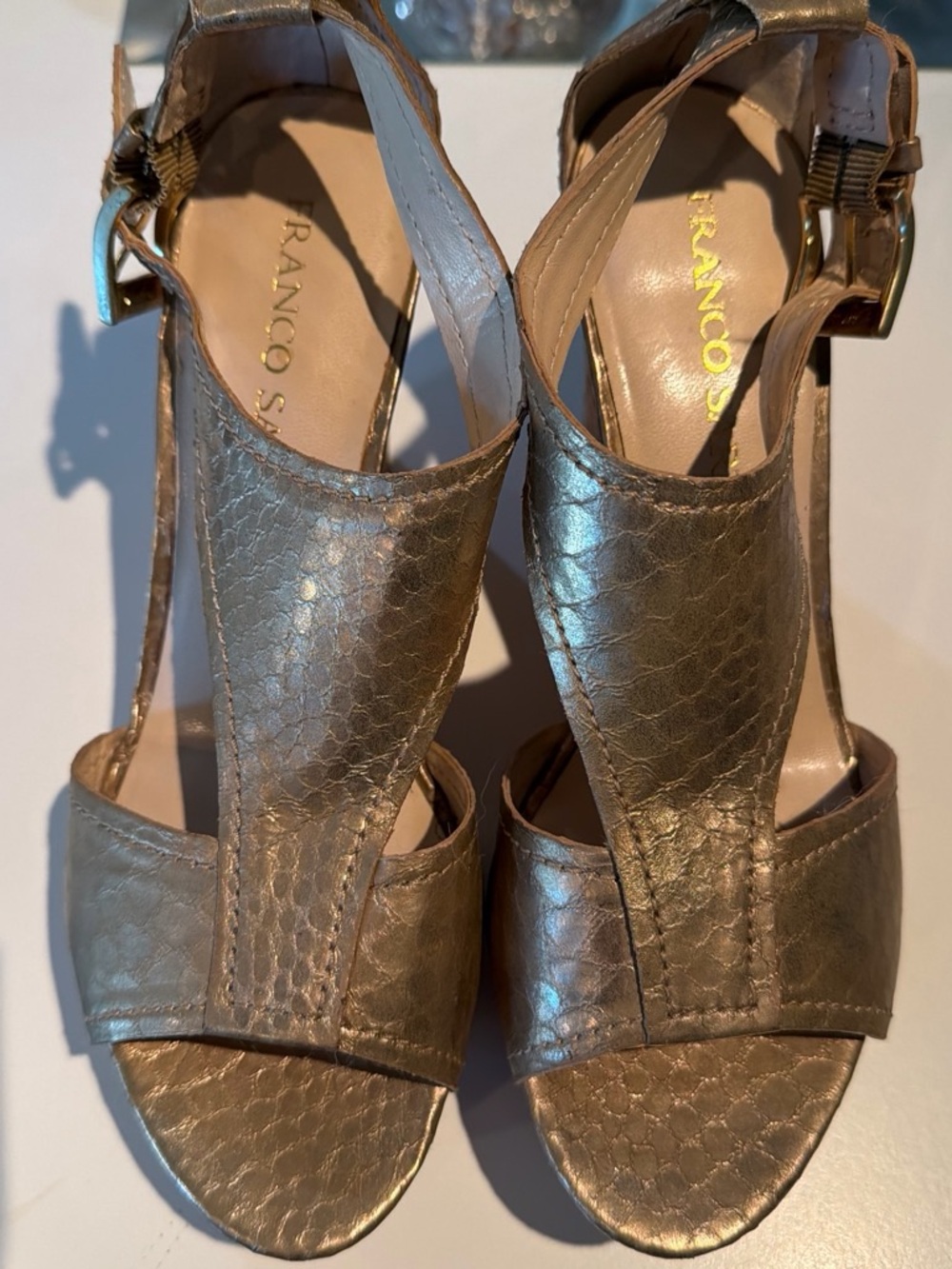 Franco Sarto Metallic Gold Leather T-Strap Sandals - Women's